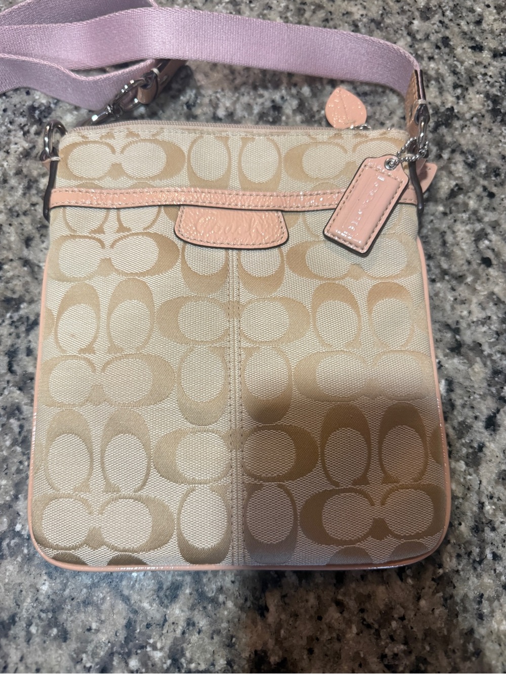 Coach Beige Signature Canvas Crossbody with Pink Trim